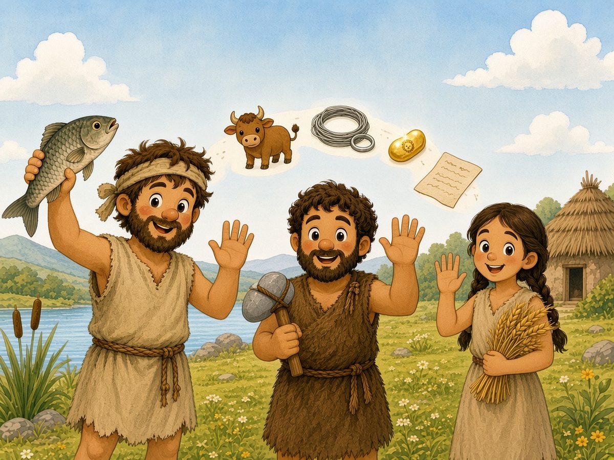 Nicholas the fisherman holding a fish, Peter holding a stone axe and Helen holding a sheaf of wheat smile and wave in a meadow by a lake. Above them, like a path through time, float a little ox, silver wire and a ring, a small lump of gold and a sheet of paper.