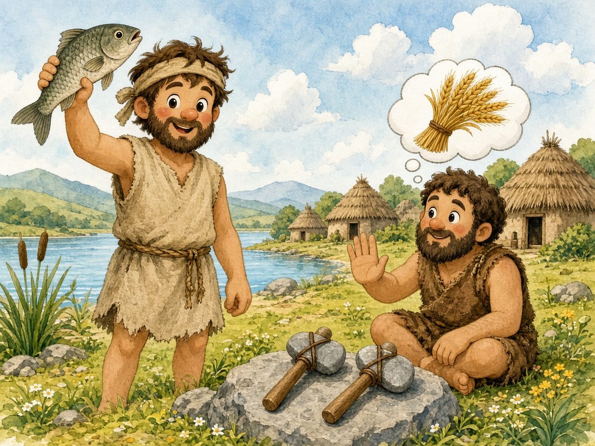 A Neolithic village of round mud-and-thatch huts beside a lake. Nicholas the fisherman holds a big fish up high. Peter sits by a rock with two stone axes on it and raises his hand to say “no, thank you”; in a little cloud above his head there is a sheaf of wheat.