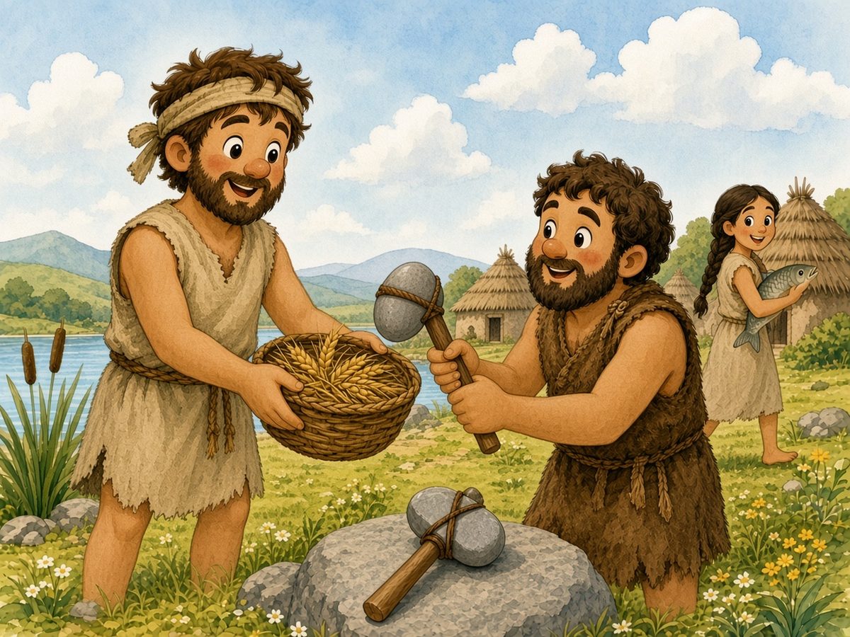 The same Neolithic village. Nicholas hands Peter a basket full of ears of wheat, and Peter, smiling, gives him an axe with a round head of polished stone tied with cords to a wooden handle. A second stone axe lies on the rock. Further back, Helen walks happily away holding the fish.