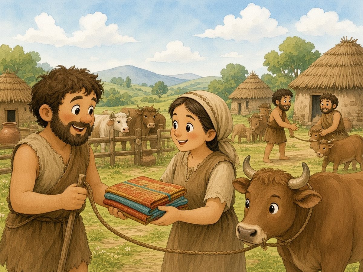 A herders’ settlement of mud-and-thatch huts among green hills. A herdsman with a staff hands a brown ox on a rope to Mary the weaver, who gives him a stack of colourful folded cloth in return. Behind them, a herd of cattle stands in a wooden pen beside clay storage jars, and further off two men are exchanging calves.