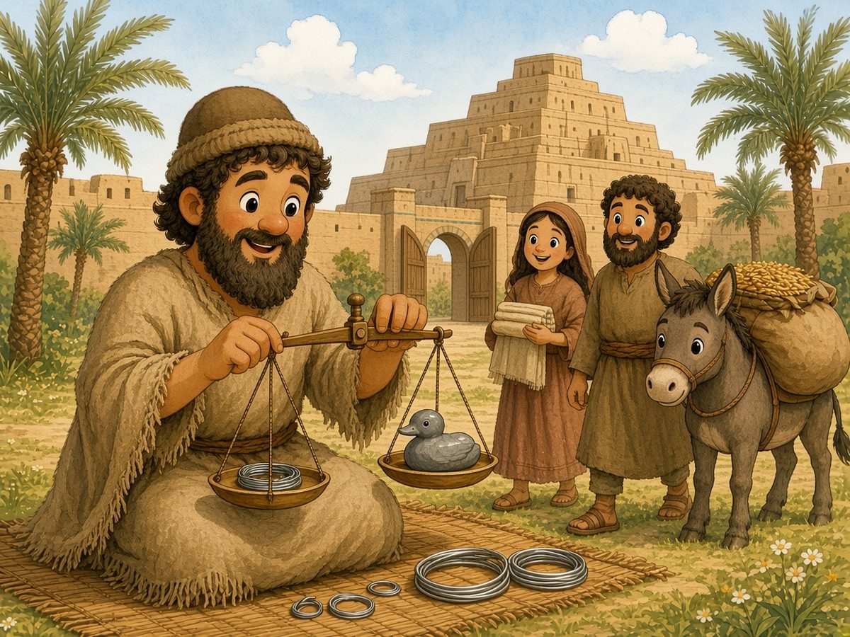 A market in front of the gate of a Mesopotamian city, with mud-brick walls, date palms and a ziggurat in the distance. Joseph the merchant sits on a reed mat weighing silver wire on a balance with two pans; in the other pan is a stone weight shaped like a duck. In front of him on the mat lie silver rings and coils of wire. A woman holding cloth and a man with a little donkey carrying sacks wait their turn.