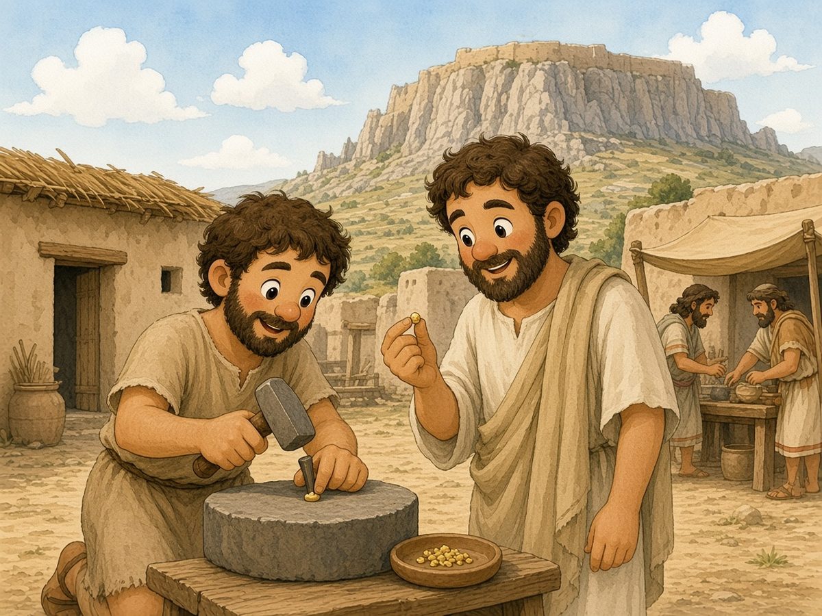 A workshop courtyard in Sardis, in Lydia, with mud-brick houses; behind them rises the steep acropolis hill. Demetrius the craftsman, bent over a stone anvil, strikes a stamp with a hammer onto a tiny lump of electrum. Beside him, a clay dish is full of such lumps. An official in a chiton and himation holds one of them up and looks at it curiously. To the right, under an awning, people trade in the market.
