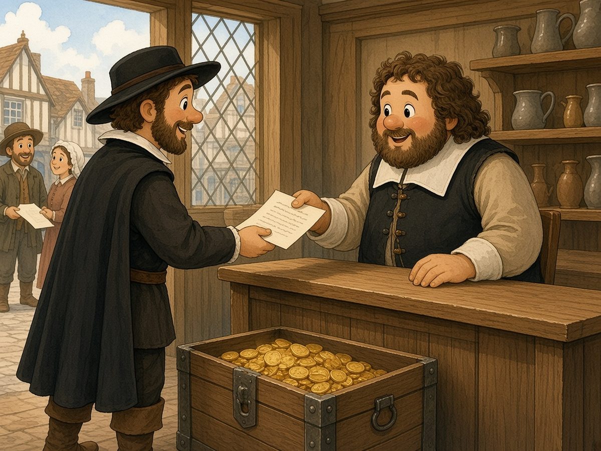 A goldsmith’s shop in seventeenth-century London, with wooden walls, leaded windows and shelves of jugs. Thomas the goldsmith, behind the counter, hands a handwritten receipt to John the merchant, who wears a broad-brimmed hat and a cloak. In front of the counter, an iron-bound chest is full of gold coins. Outside the window, a man pays a woman with a similar receipt.