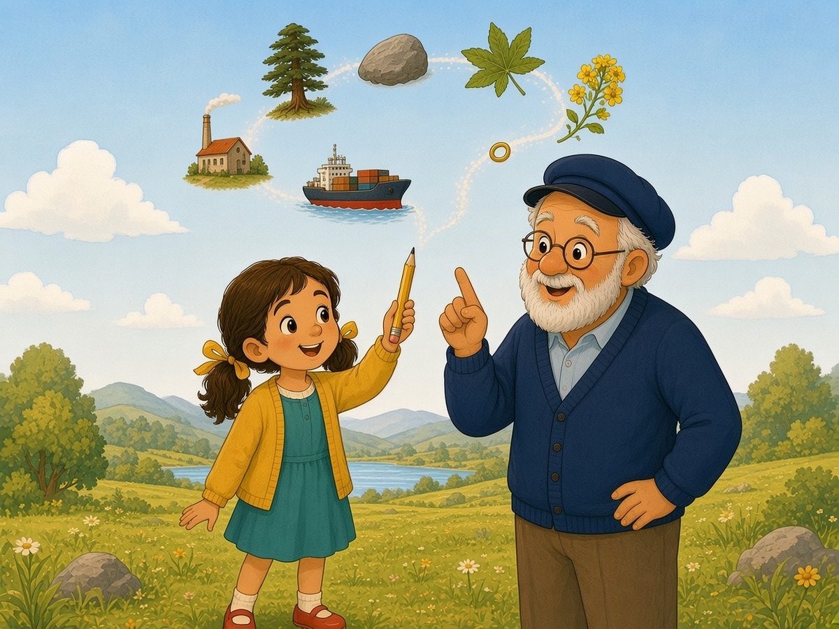 Sophia, a girl with pigtails and yellow ribbons, holds a yellow pencil up high in a meadow by a lake. Beside her, Grandpa Stephen, with a white beard, round glasses and a sailor’s cap, points upwards. From the tip of the pencil a sparkling trail runs across the sky, linking the things floating there: a little ship, a factory, a cedar tree, a grey stone, a leaf, a sprig of yellow flowers and a tiny golden ring.