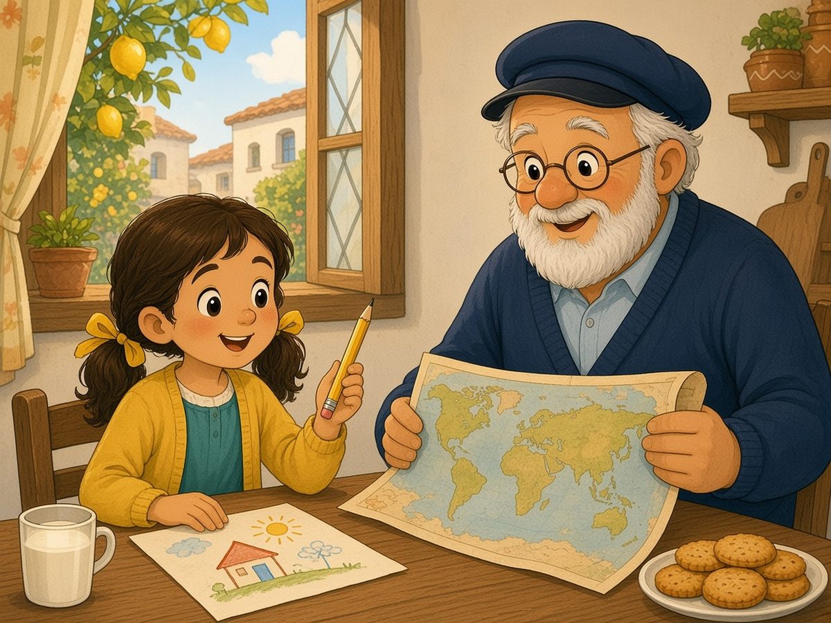 A bright kitchen in the morning. Sophia, with brown pigtails, yellow ribbons, a green dress and a yellow cardigan, sits at the table holding up a yellow pencil with a pink eraser; in front of her is a drawing of a little house and a sun. Grandpa Stephen, with a white beard, round glasses and a dark-blue sailor’s cap, unrolls a big old map of the world on the table. On the table are a glass of milk and a plate of biscuits, and outside the window there is a lemon tree.