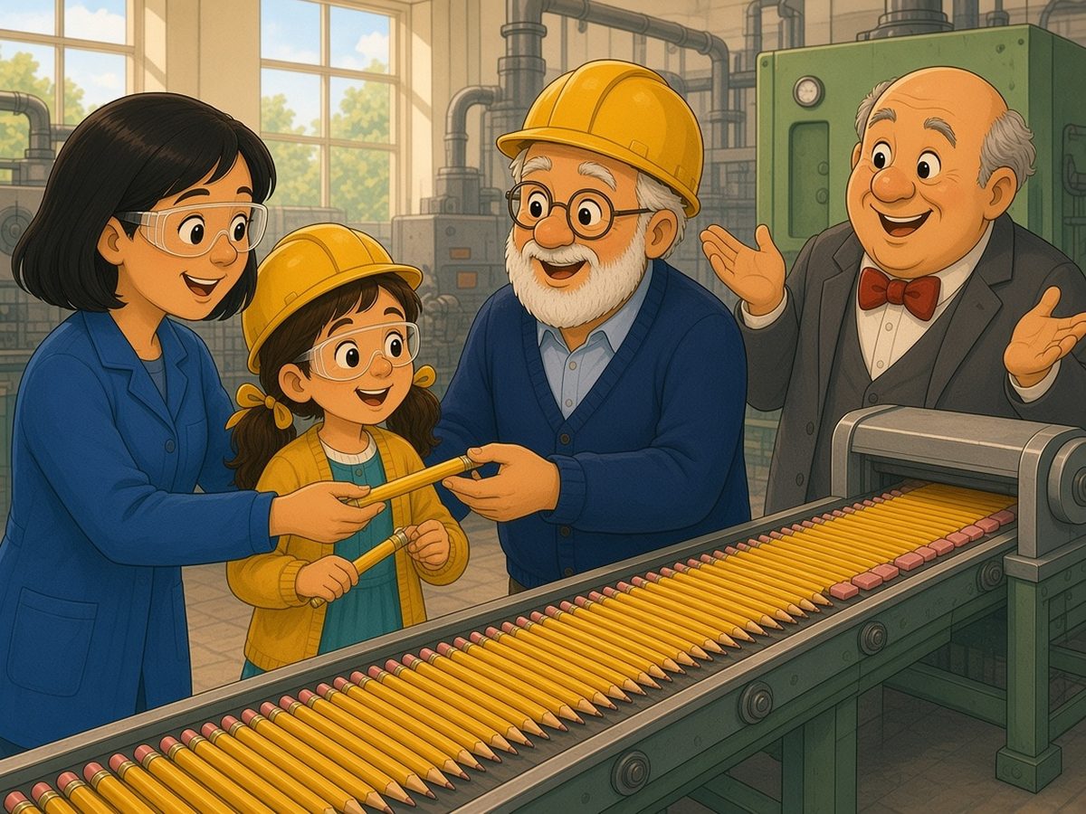 A bright pencil-factory hall with tall windows and green machines. Hundreds of slim yellow pencils with pink erasers move side by side along a long conveyor belt. Elizabeth, with short black hair, a blue work coat and safety glasses, hands a new pencil to Grandpa, while Sophia, in a yellow helmet, already holds hers. On the right, Constantine, the head of the factory, bald, in a grey suit and a red bow tie, spreads his hands with an awkward smile, and Grandpa laughs.