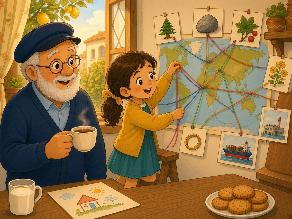 The kitchen in the afternoon, in golden light. The world map is pinned on the wall, with small drawings hanging around it: a cedar tree, a grey stone, a castor-plant leaf, yellow flowers, a golden ring, a cargo ship and a factory. Sophia, standing on a stool, stretches coloured strings that join the drawings across the map like a spider’s web. Grandpa, holding a cup of tea, smiles proudly.