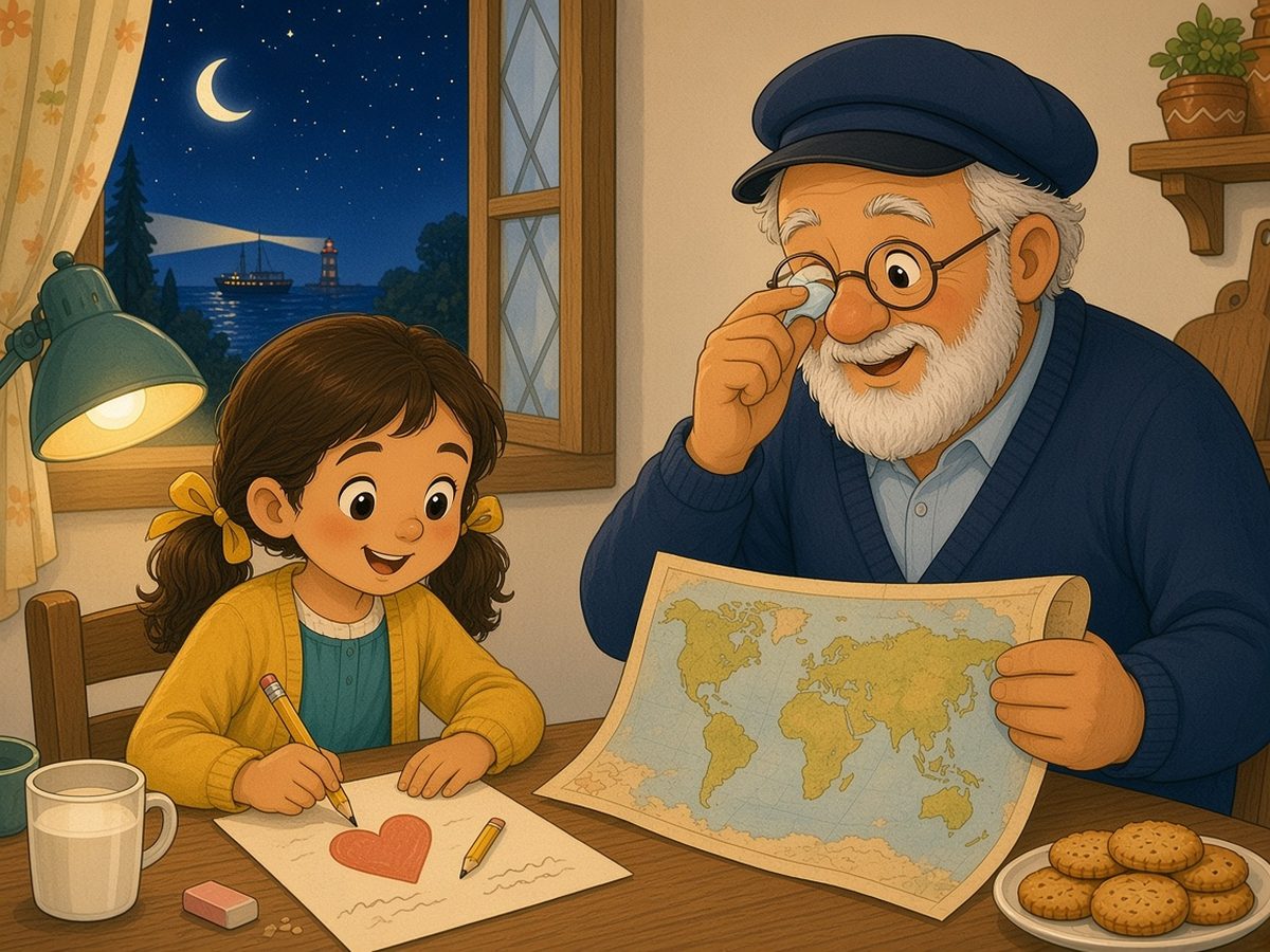 The kitchen in the evening, lit by a lamp. Through the window can be seen the starry sky, a crescent moon, the sea, a little ship and a lighthouse. Sophia is writing a letter with her yellow pencil and has drawn a big red heart on it; beside it lies a pink eraser. Grandpa holds the map and, moved, wipes his eyes under his glasses.