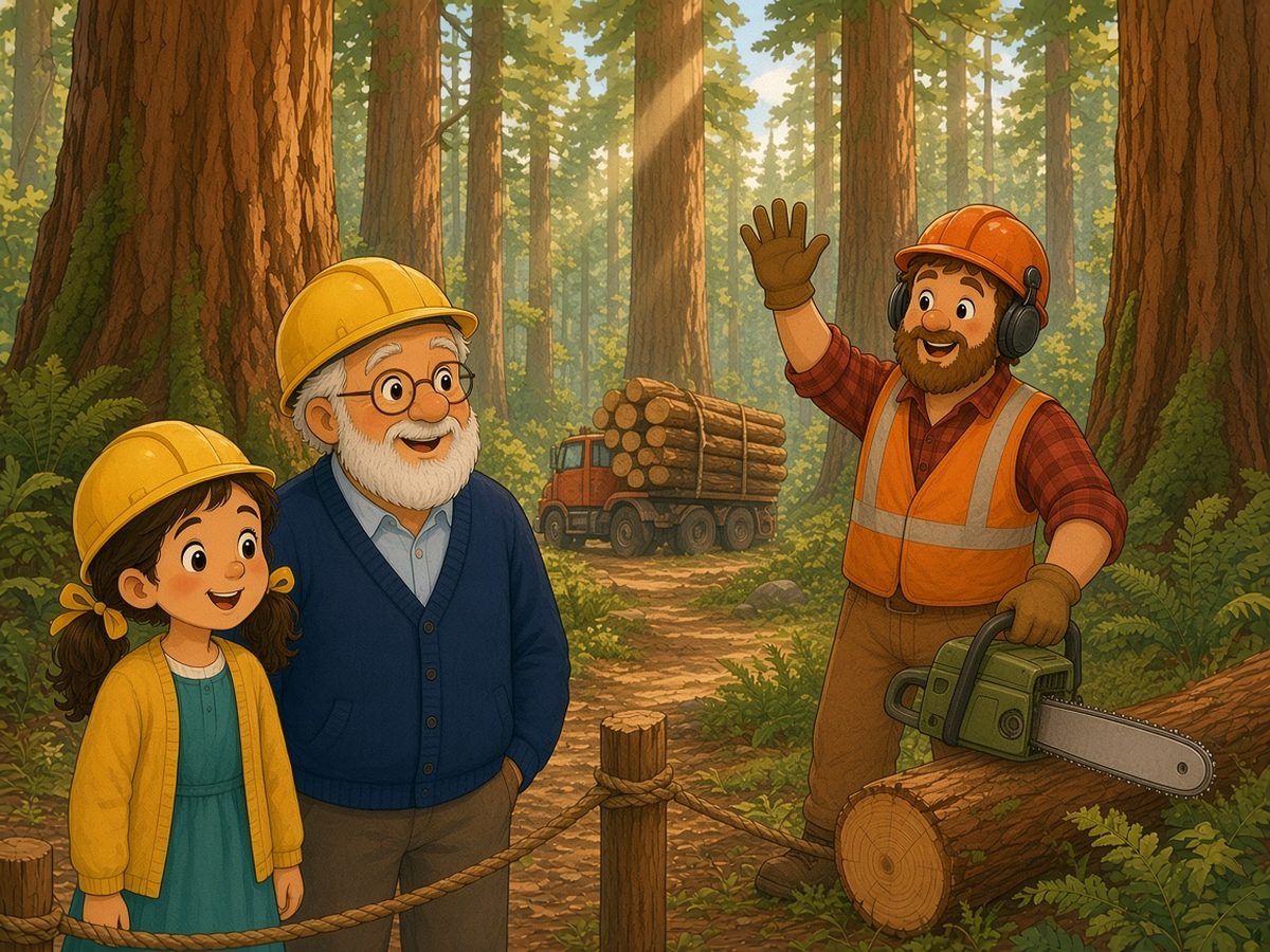 A sunny forest of tall cedars with reddish trunks and ferns. Sophia and Grandpa, in yellow safety helmets, stand behind a rope, well away from the work, and smile. Andrew the woodcutter, with a ginger beard, an orange helmet with ear protectors, a plaid shirt and an orange vest, has set his switched-off chainsaw down on a cut log and waves to them. Further back, a truck waits, loaded with logs.