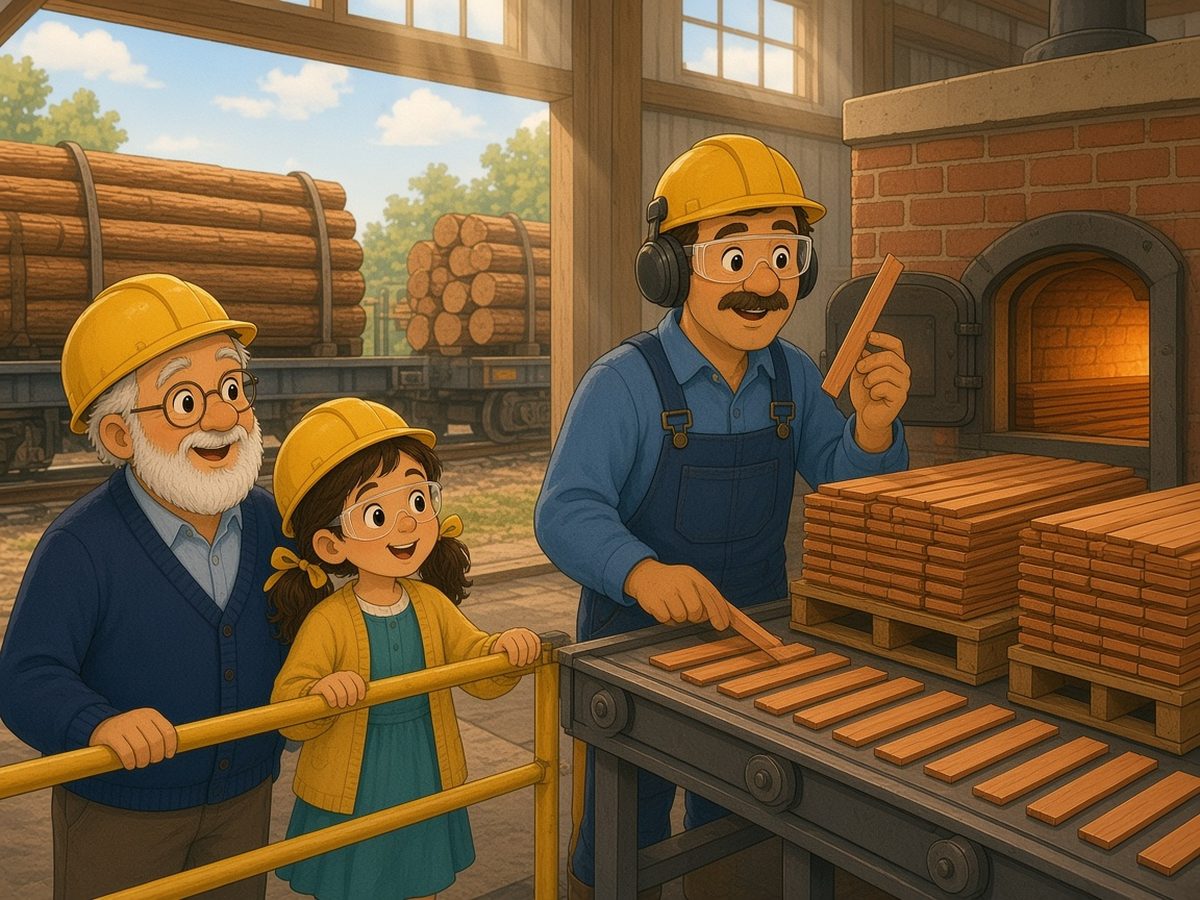 A bright wooden sawmill. Sophia and Grandpa, in yellow helmets and safety glasses, watch from behind a yellow railing. Michael, tall, with a black moustache, blue overalls and ear protectors, shows them a thin cedar board. Many identical little boards move along a conveyor belt, and stacks of them wait beside a brick oven. Outside the big door stands a train with wagons full of logs.