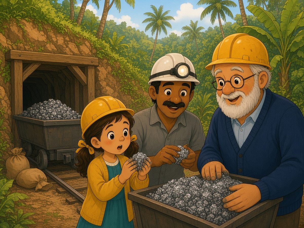 The timber-framed entrance of a mine in a lush green hill in Sri Lanka, with palm trees and banana plants. Beside the tunnel stand a little mine cart full of shiny silver-grey graphite and a few paper sacks tied with string. Daniel the miner, with a white helmet with a lamp and a black moustache, holds a piece of graphite. Sophia, in a yellow helmet, holds a small piece in both hands and gazes at it in wonder. Grandpa leans on the cart, smiling.
