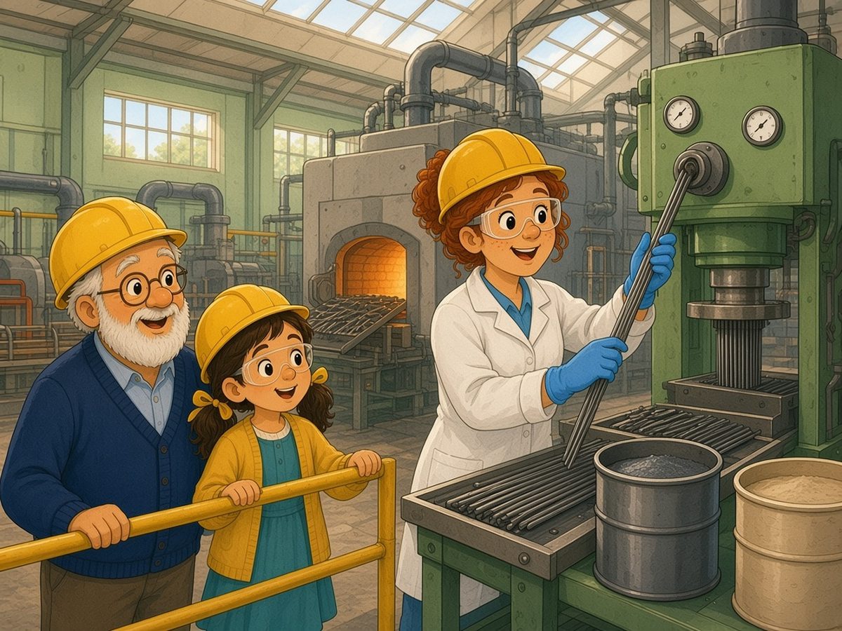 A big, bright factory hall with pipes and skylights. Sophia and Grandpa, in yellow helmets and safety glasses, watch from behind a railing. Katherine, with curly red hair, freckles, a white work coat and blue gloves, stands beside a green machine that pushes out long, thin grey rods like spaghetti, and lifts one up. In front of her are two drums, one with grey graphite powder and one with pale clay. Further back, a big oven glows orange.
