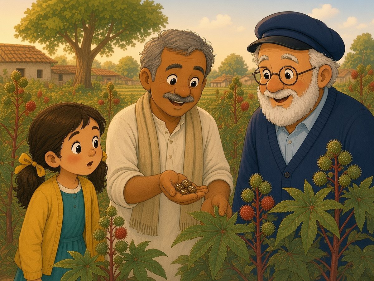 A field in India in golden afternoon light, full of castor plants: tall plants with big leaves like open hands, reddish stems and spiky seed pods, green and red. Luke the farmer, with grey hair and a moustache, a white shirt and a light scarf over his shoulders, shows a few shiny, speckled seeds in his palm. Sophia looks at them curiously and Grandpa smiles. In the distance are a village and a big tree.