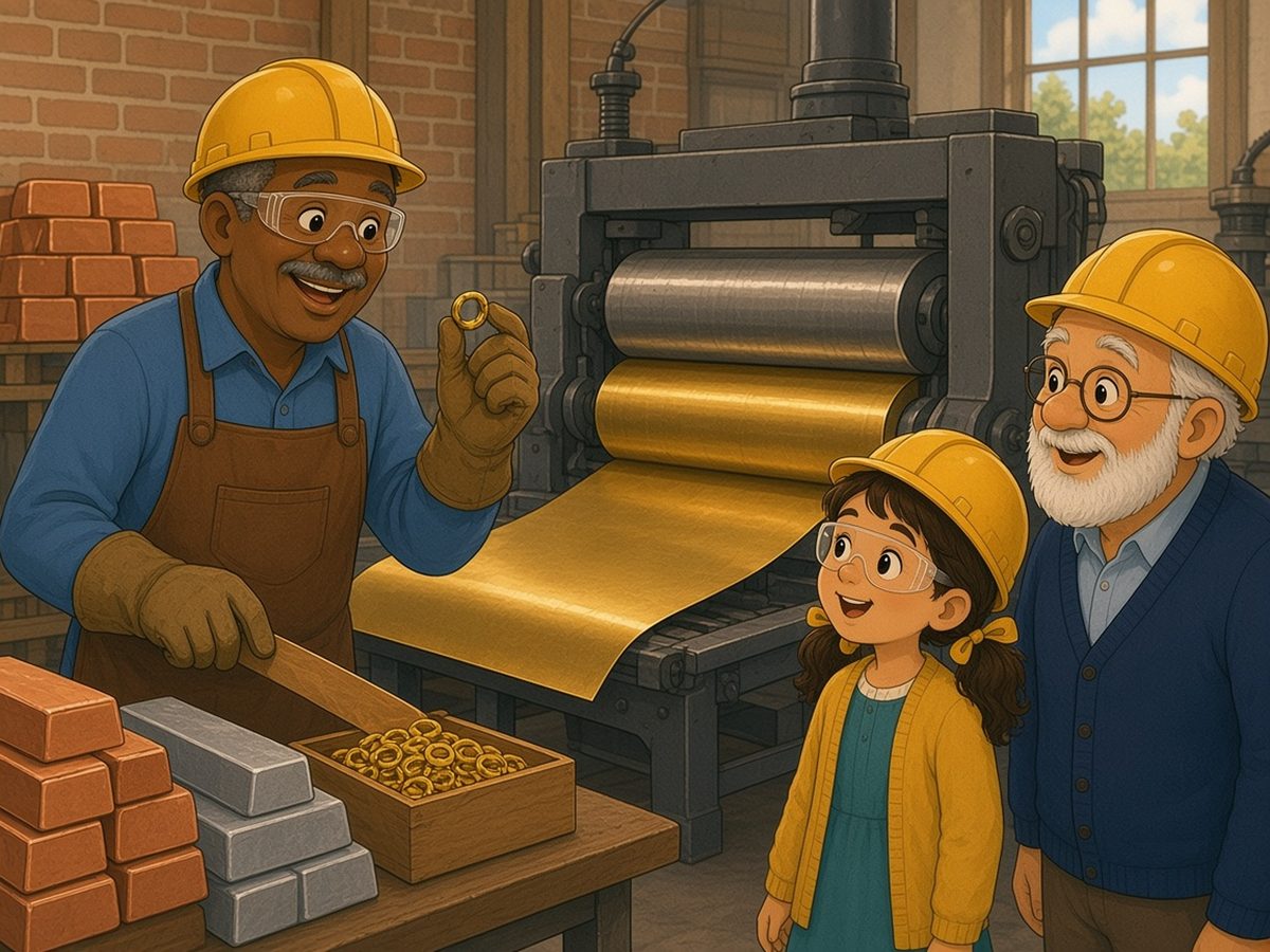 A hall with brick walls and big windows. On the left, stacks of reddish copper bars and silver-grey zinc bars. In the middle, a big machine with rollers turns out a gleaming golden sheet of metal. Theodore, with short grey hair, a leather apron, a yellow helmet and safety glasses, holds a tiny golden ring between his fingers; in front of him a wooden box is full of such rings. Sophia and Grandpa, in helmets, look on in wonder.