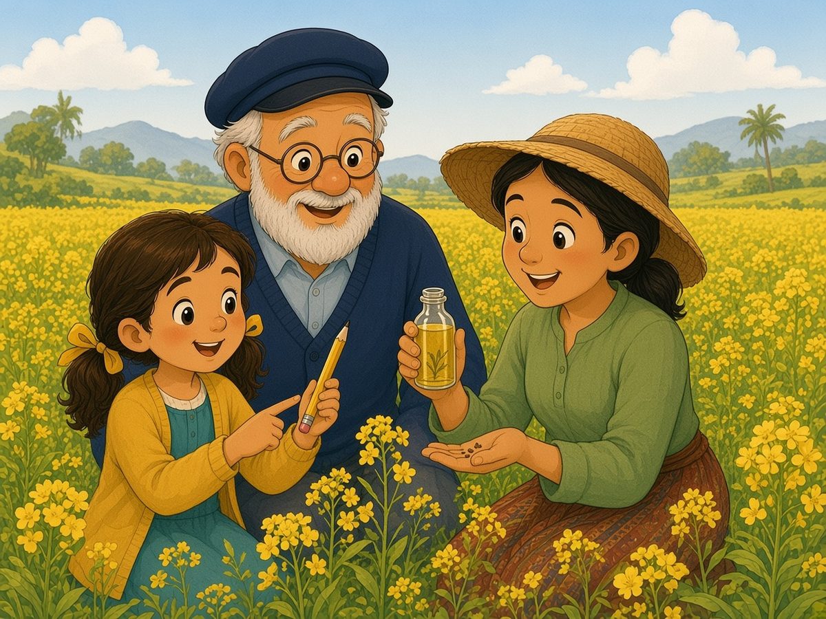 A wide field of bright yellow rapeseed flowers, with green hills, palm trees and blue mountains in the distance. Anna, in a woven straw hat, a green blouse and a colourful skirt, kneels among the flowers holding a small bottle of golden oil, with a few tiny seeds in her other palm. Sophia points to the pink eraser on her pencil and Grandpa laughs.