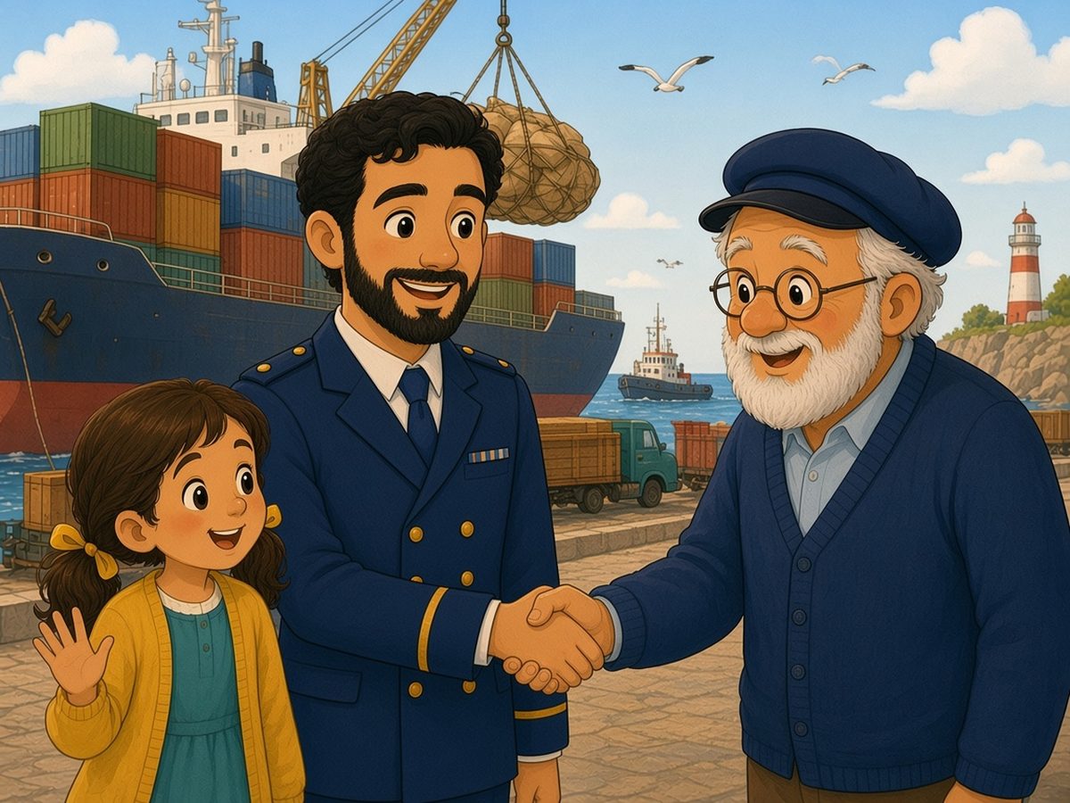 A sunny quay. A big cargo ship with a red hull and coloured containers, and a crane lifting a net full of sacks. In the distance, a red-and-white lighthouse on the rocks, a tugboat and seagulls. On the quay, trucks and freight wagons are waiting. James the captain, tall, with curly black hair, a short black beard and a dark-blue uniform, shakes Grandpa’s hand while Sophia waves.