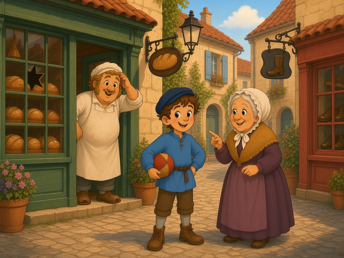 A sunny cobbled square in a small French town in 1850. In the middle stands Léon, a boy in a dark-blue cap, a sky-blue smock with a brown belt and brown short trousers, holding his red-and-yellow ball with a slightly sheepish smile. Beside him, Grandma Margot, in a white frilled bonnet, a plum-purple dress and a yellow knitted shawl, smiles and points towards the red shoemaker’s shop, which has brown shoes in its window and a boot-shaped sign. On the left, the bakery with its green front has one broken pane, and in its doorway Monsieur Bonhomme, the baker in a white cap and apron, scratches his head.
