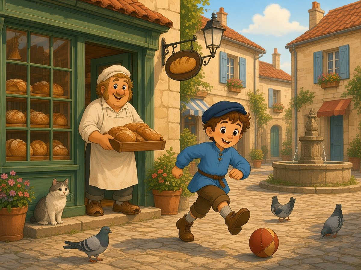 A sunny cobbled square one morning, with stone houses with blue shutters, terracotta roofs, a stone fountain and a street lamp. On the left is the bakery, with a green wooden front, a big shop window made of many small square panes with loaves behind them, and a hanging sign shaped like a loaf. In the doorway, Monsieur Bonhomme, a round baker with curly fair hair, side-whiskers, a white cap and a floury apron, holds a tray of warm loaves and smiles. In the middle of the square, Léon, in a blue cap and a sky-blue smock, happily kicks his red-and-yellow ball. A cat sits on a step, and pigeons peck between the cobbles.