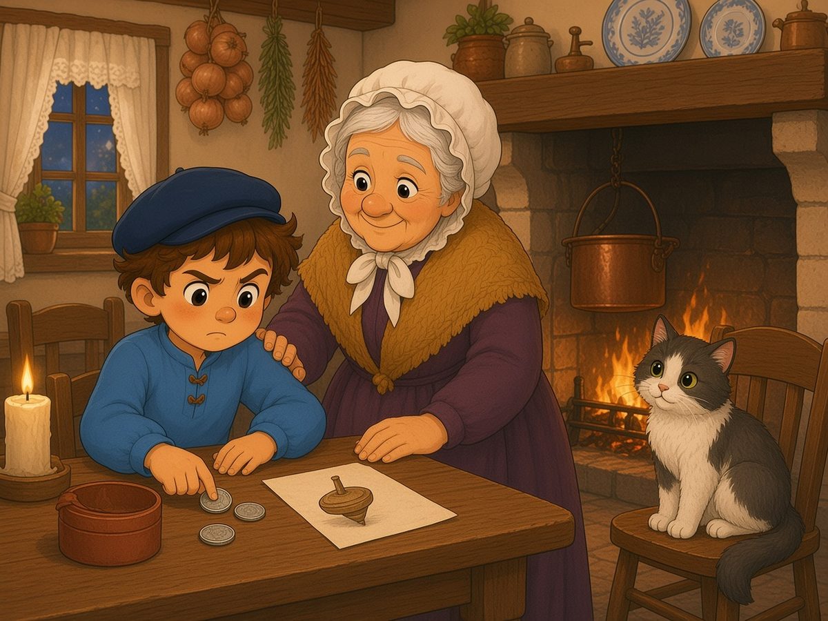 The cosy kitchen in the evening, lit by a candle and the fire. Léon sits at the wooden table with a determined look, pushing three silver coins forward with one finger. Beside them are an open clay coin box and a piece of paper with his drawing of a wooden spinning top. Grandma Margot stands beside him, proud, with her hand on his shoulder. A cat sits on a chair.