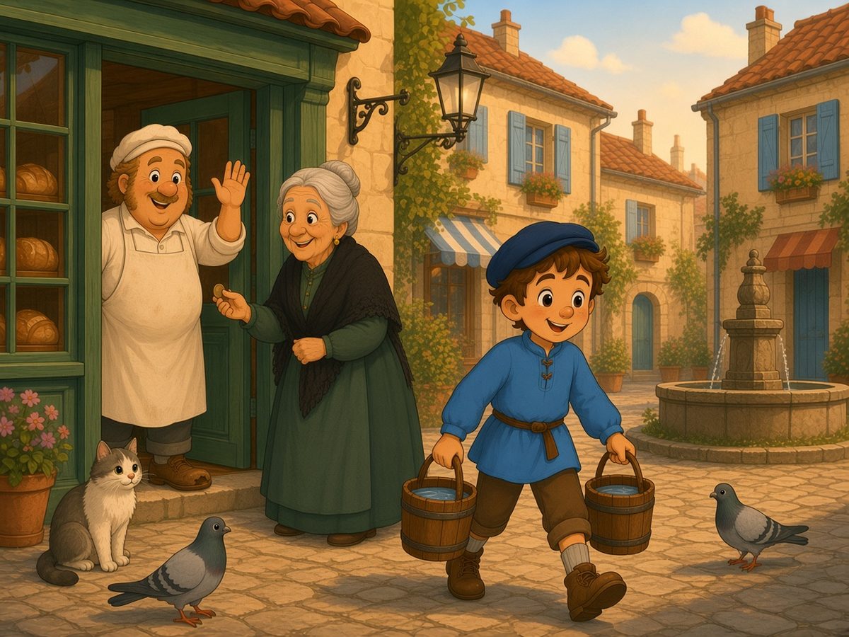 The cobbled square early in the morning, with the fountain, the pigeons and the cat. Léon carries two wooden buckets of water, smiling but out of breath. Behind him, Madame Rosalie, a tall, thin elderly neighbour with a grey bun, a green dress and a black lace shawl, smiles and hands him a small coin. From the bakery door, Monsieur Bonhomme waves to him.