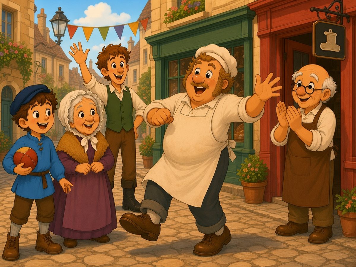 A sunny Sunday on the square, with little coloured flags strung across the street. Monsieur Bonhomme dances happily on the cobbles, showing off his brand-new, shiny brown shoes. In the doorway of the red shoemaker’s shop, Master Gilles claps. On the left, Léon, holding his ball tight, and Grandma Margot are laughing, and further back Gaston the glazier waves to them.
