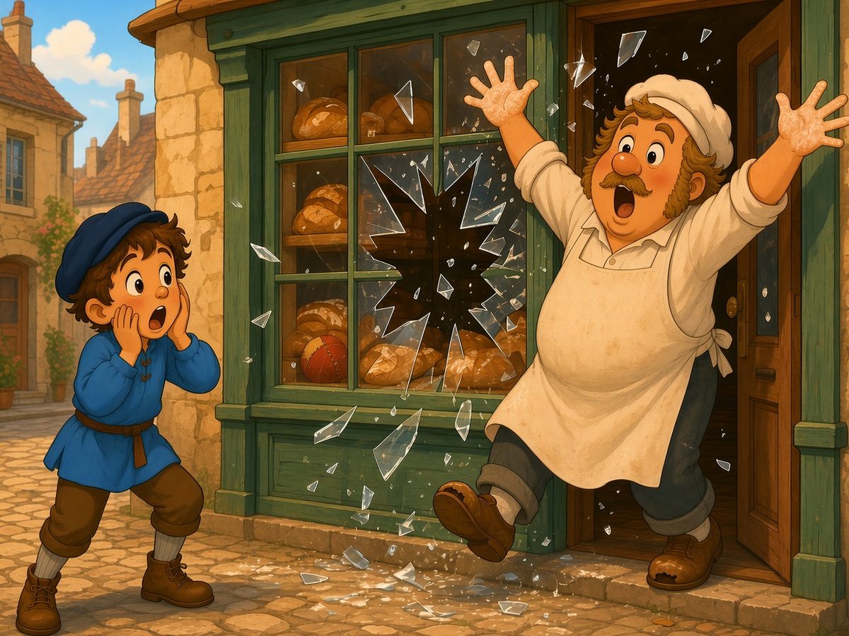 A pane in the middle of the bakery window has just shattered: pieces of glass fly everywhere and sparkle on the cobbles, and the red-and-yellow ball has landed among the loaves. On the left, Léon has frozen with his hands on his cheeks and his mouth wide open. Monsieur Bonhomme bursts out of the door with his floury hands up in the air, red-faced with surprise.