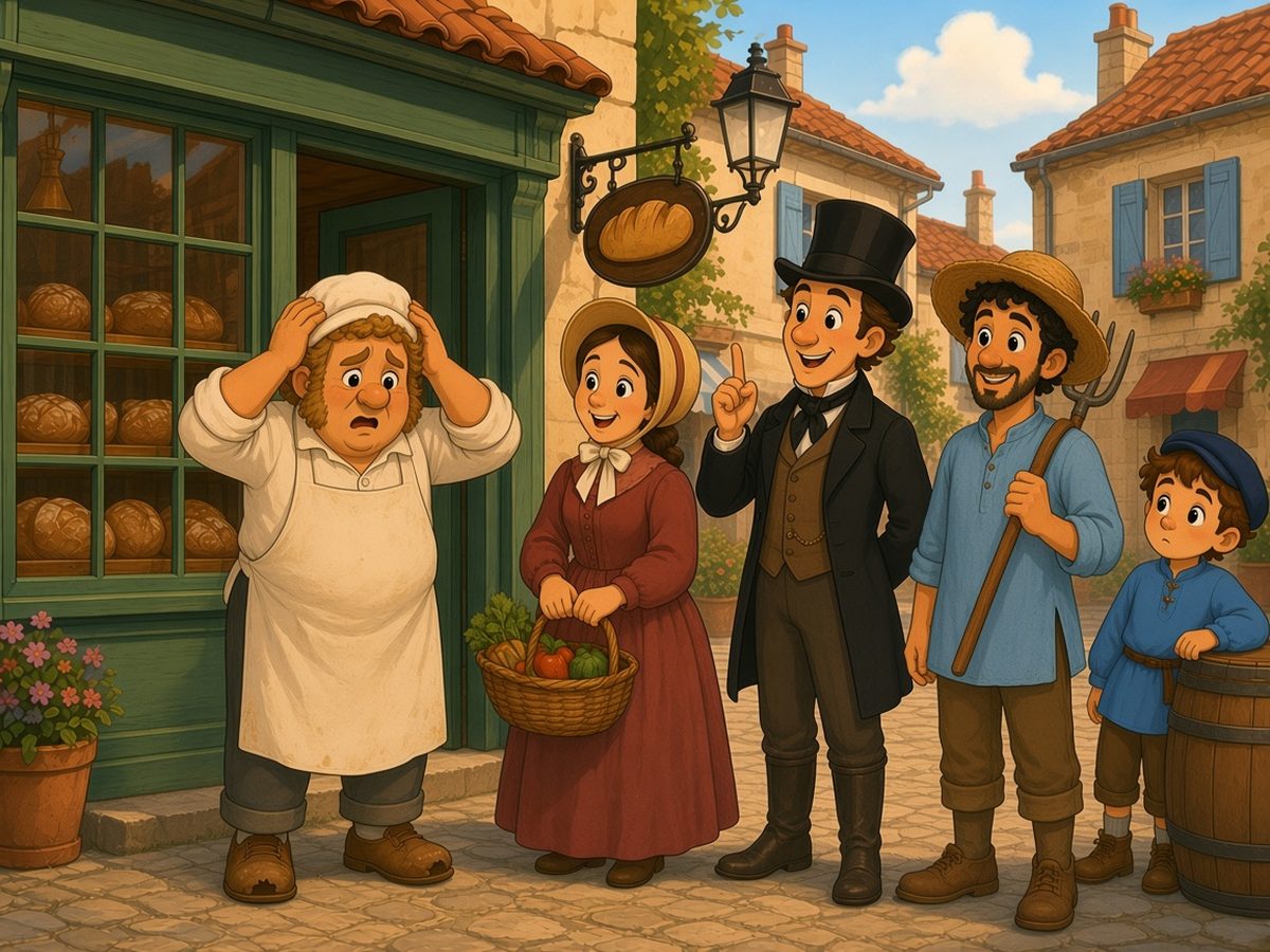 In front of the bakery with the broken pane, Monsieur Bonhomme holds his head, upset. Around him, neighbours in 1850 clothes comfort him with smiles: a young lady in a red dress and straw bonnet with a basket of vegetables, a thin gentleman in a tall black hat raising a finger as if explaining something clever, and a young farmer in a straw hat with a pitchfork. On the right, behind a barrel, Léon peeks out and listens.