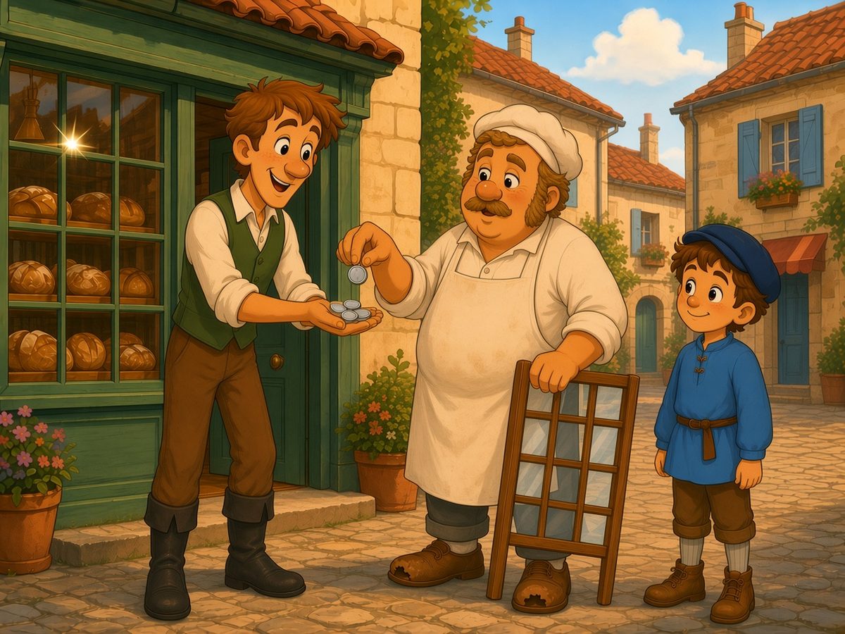 In front of the bakery, where one pane of the window is now new and sparkling. Gaston the glazier, tall and thin, with red hair, freckles, a green waistcoat and black boots, smiles and holds out his palm. Monsieur Bonhomme, leaning on a wooden rack of glass panes, hands him the silver coins one by one with a small sigh. Léon watches, curious and relieved.