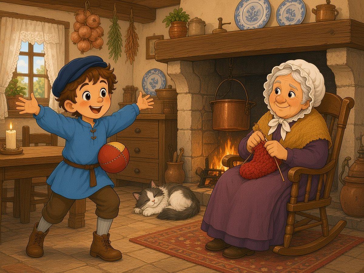 A cosy French kitchen in 1850, with a stone fireplace, a copper pot, a wooden table, a dresser with blue-and-white plates, and onions and herbs hanging up. Grandma Margot, in a white frilled bonnet, a plum-purple dress and a yellow knitted shawl, knits in her rocking chair by the fire and raises one eyebrow with a smile. In front of her, Léon, ball in hand, spreads his arms wide, talking excitedly. A cat sleeps by the hearth.