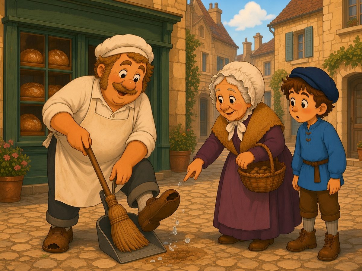 In front of the bakery, Monsieur Bonhomme bends over, sweeping the last bits of glass into a dustpan with a straw broom. His old brown shoes are worn out, with a big hole at the front and a sole that opens like a mouth. On the right, Grandma Margot, basket on her arm, leans forward a little and quietly points at his shoes, and Léon, beside her, stares at them wide-eyed.