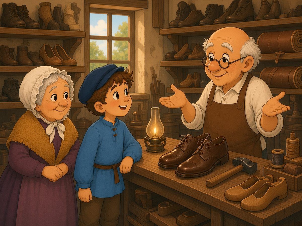 Inside a small shoemaker’s shop in 1850, with wooden shelves full of boots and shoes, rolls of leather, wooden shoe lasts, a little hammer and an oil lamp. Behind the counter stands Master Gilles, a short elderly shoemaker, bald with white tufts of hair over his ears, with small round spectacles and a leather apron, spreading his hands. On the counter, a pair of brand-new, shiny brown shoes is waiting. Grandma Margot and Léon stand at the counter, looking at them.