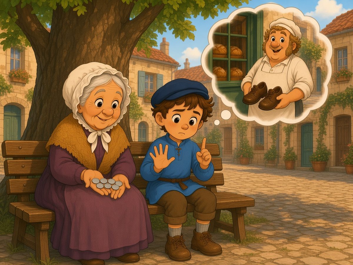 A wooden bench under a big plane tree at the edge of the square. Grandma Margot sits showing six silver coins in her palm. Beside her, Léon counts on his fingers thoughtfully: five fingers on one hand and one on the other. Above them, in a dreamy little cloud, Monsieur Bonhomme smiles, holding a pair of new brown shoes, in front of his unbroken shop window.