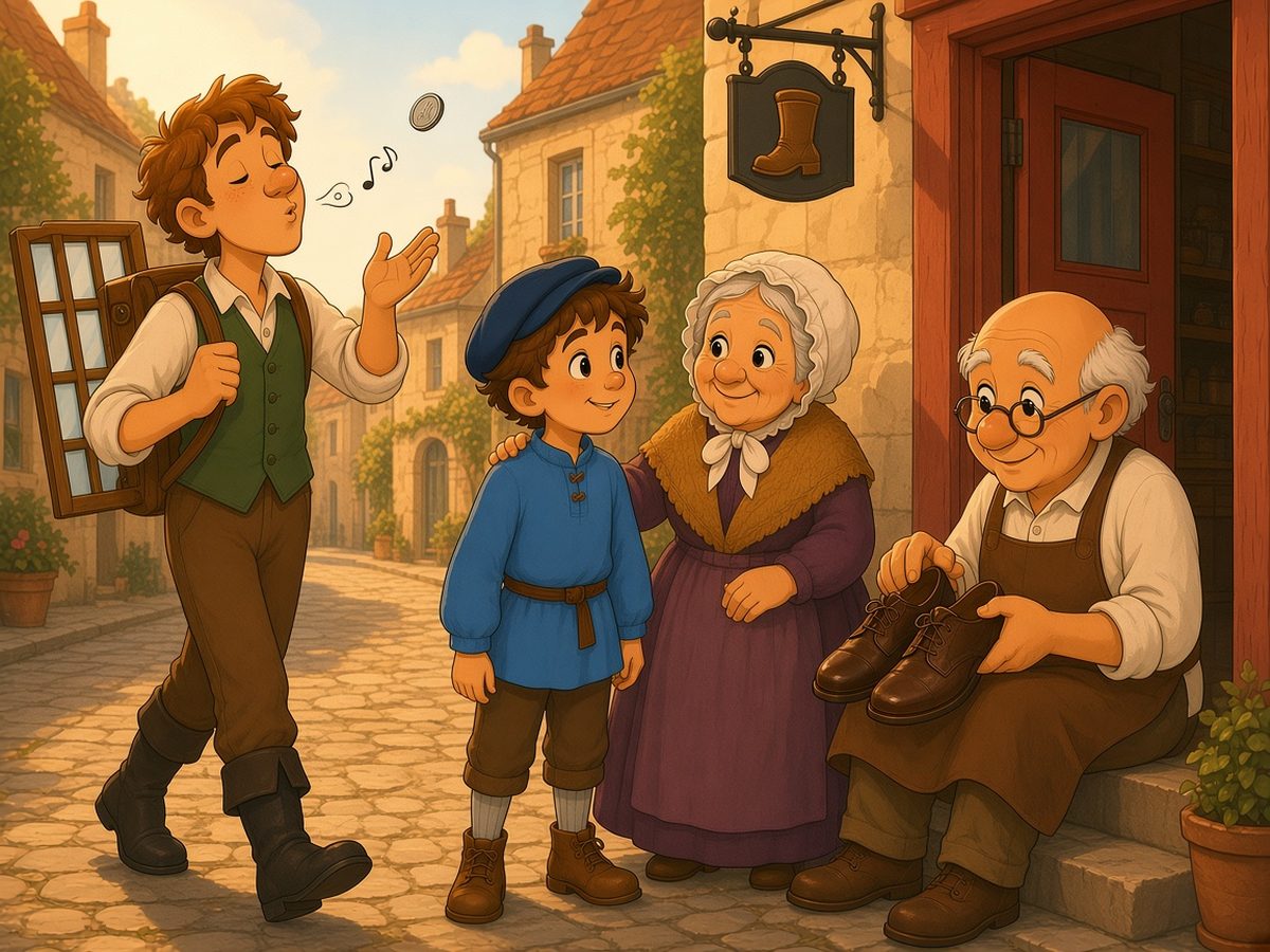 A cobbled lane in the afternoon. On the left, in golden sunlight, Gaston the glazier walks along with his wooden rack of glass on his back, whistling with his eyes closed and tossing a silver coin into the air. On the right, in the shade, Master Gilles sits on the step of his red shoemaker’s shop, under a boot-shaped sign, holding the new shoes on his knees. In the middle, Léon looks from one to the other, and Grandma Margot rests her hand on his shoulder.